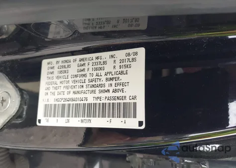 2009 Honda Accord 2.4 Lx-P z USA, uszkodzony, nr VIN 1HGCP264X9A010476